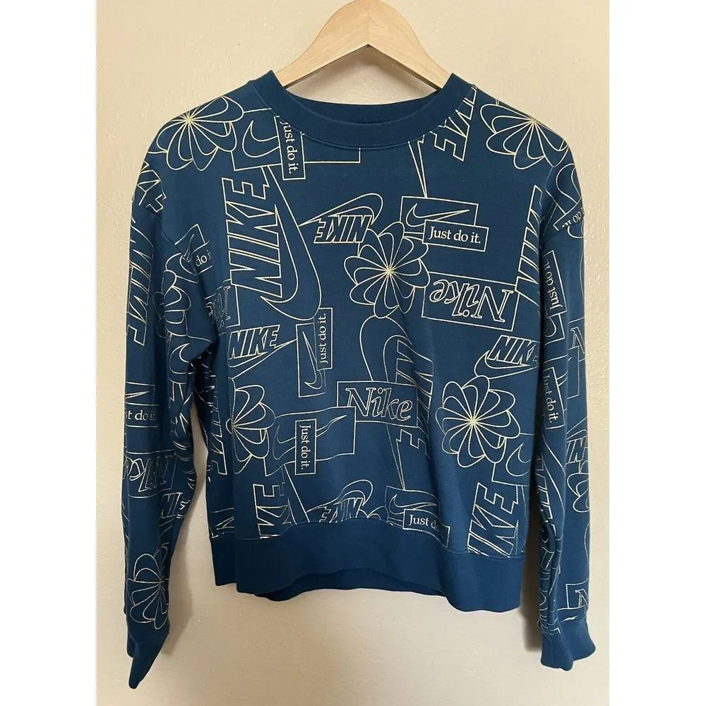 Nike Logo‎ Just Do It Blue/Green and Gold Crewneck Sweatshirt Women's Small GUC